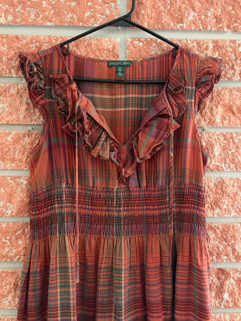 Ralph Lauren Red Rust Plaid Ruffle V-Neck Dress - Picture 3 of 7